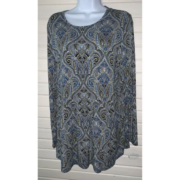 J.Jill Wearever Collection Sz MEDIUM Blue Paisley Pleated Tunic Top Stretch EUC - Picture 2 of 11